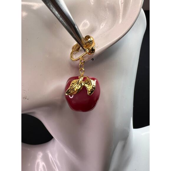 Avon "Apple A Day" Vintage Clip Earrings | Red Lucite Dangle Costume Jewelry - Picture 9 of 15